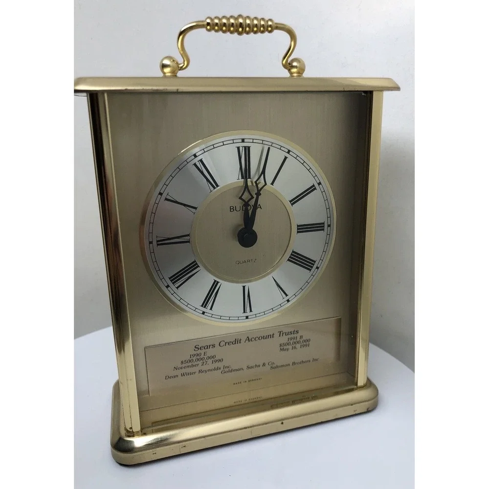 Vintage Bulova Clock Heavy‎ Brass Quartz Mantel Clock, Germany, Sears, Works!